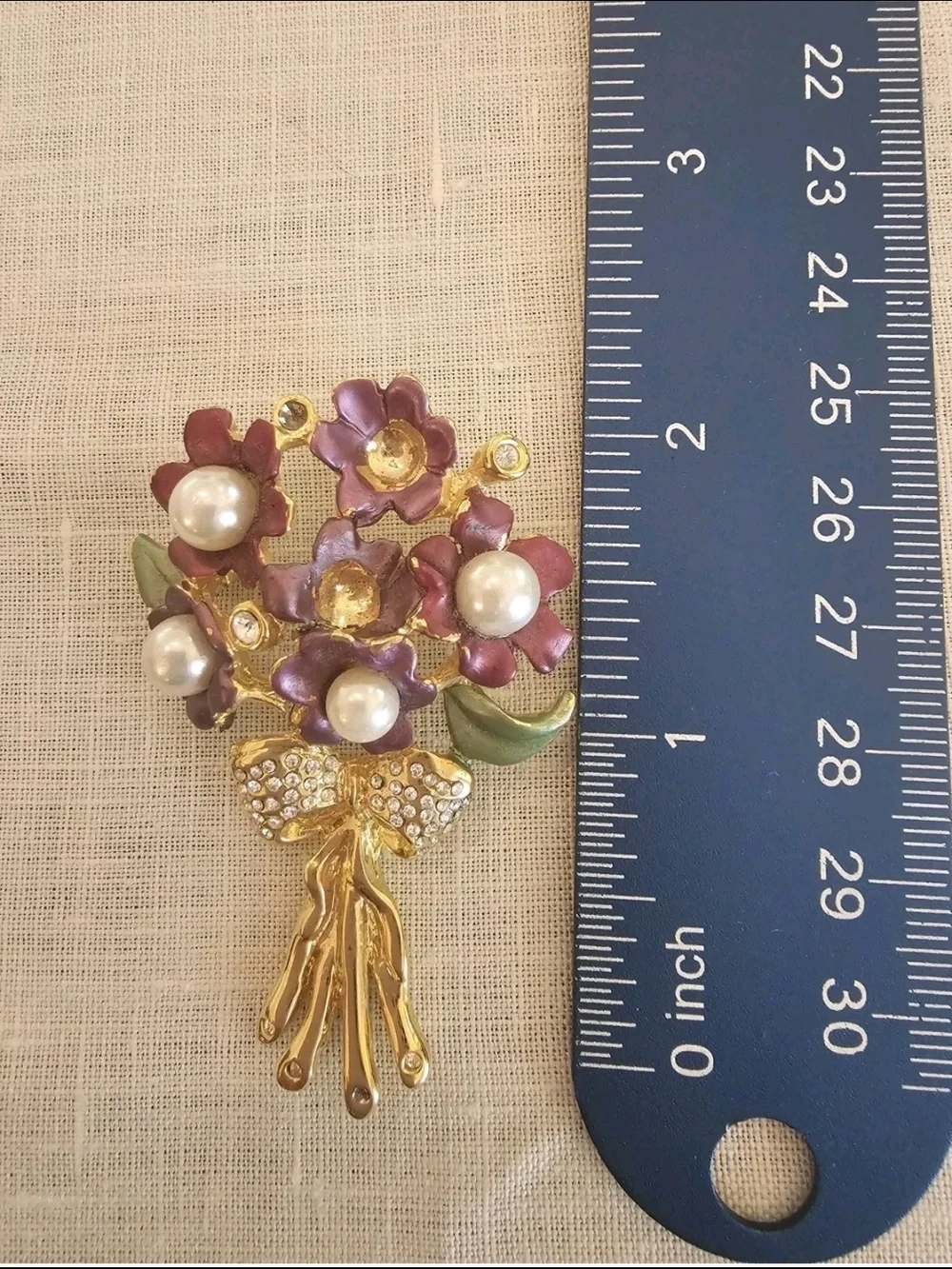 Vintage Gold Tone Enamel Flower Bouquet Brooch/Pin w Faux Pearls & Rhinestones